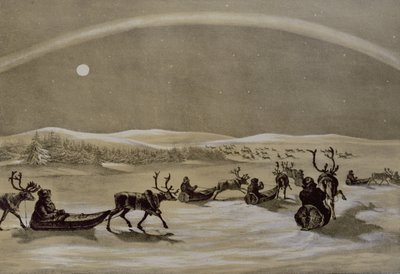 Et enestående udseende af nordlyset over en Laplanders flok rensdyr, der krydser Jerdis Javri, fra vinterskitser i Lapland, indgraveret af James Duffield Harding (1798-1863) 1825 (graveret af Arthur de Capell Brooke