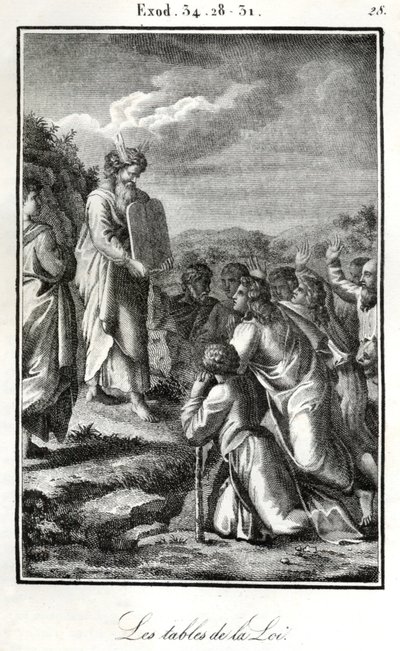Bibelen, Moses viser de to tavler med de ti bud (gravering) af Artist Unknown