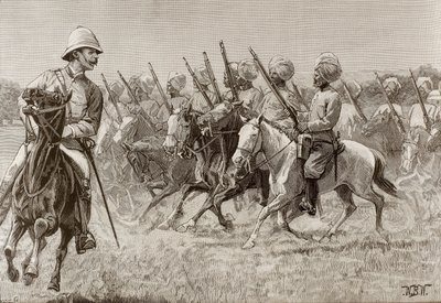Det britiske imperium (19. århundrede). De nye regimenter i Burma. Kompagni af ridende infanteri fra det andet regiment. Gravering. af Artist Unknown