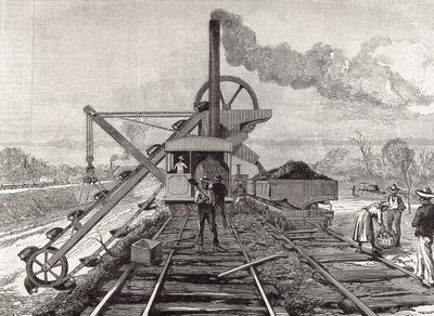 Konstruktion af Panamakanalen. Uddybningsarbejde i landsbyen Culebra. Originaltegning af Meltor Prior. Billedet blev offentliggjort i "The Illustrated London News". Gravering. af Artist Unknown