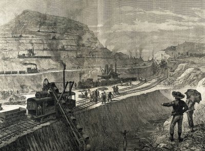 Konstruktion af Panamakanalen. Uddybningsarbejde i landsbyen Culebra. Originaltegning af Meltor Prior. Billedet blev offentliggjort i "The Illustrated London News". Gravering. af Artist Unknown