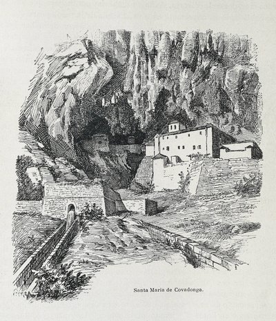 Covadonga. Eremitagen i Santa Maria. Gravering. SPANIEN. ARAGON. Zaragoza. Generelt militærakademi af Artist Unknown