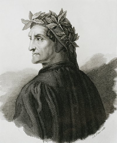DANTE ALIGHIERI (1265-1321). Italiensk digter; Raphael (1483-1520). Reproduktion af en fresko af Raphael. Gravering. af Artist Unknown