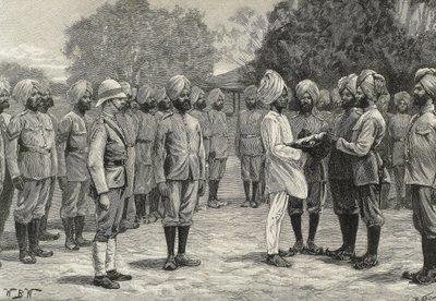 England (19. århundrede). Kolonisering. Indien. De nye regimenter i Burmah. Nye rekrutter aflægger ed. Gravering. Privat samling af Artist Unknown