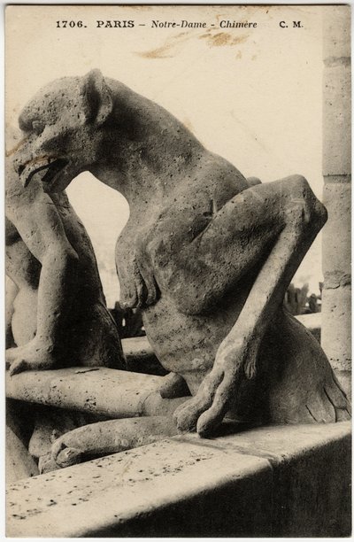 Gargoyle eller chimere fra katedralen Notre Dame de Paris bygget mellem 1163 og det 14. århundrede - Postkort, Selva-samlingen af Artist Unknown