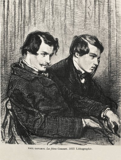 Gavarni, Hippolyte-Guillaume-Sulpice Chevalier, kaldet Paul (1804-1866). Edmond og Jules de Goncourt i en loge på teatret. 1853. GONCOURT, Edmon Huot of (1822-1896). Engelsk forfatter; GONCOURT, Jules Huot de (1830-1870). Engelsk forfatter. Litografi. Priv af Artist Unknown