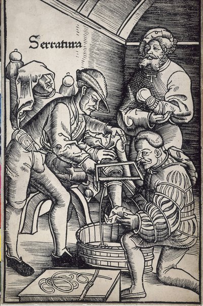 Gersdorff, Hans von (1455 - 1529). Tysk kirurg. Amputation af et ben. Træsnit af Hans Wechtlin til bogen "Feldtbuch der Wundartzney" (Feltbog om kirurgi). af Artist Unknown