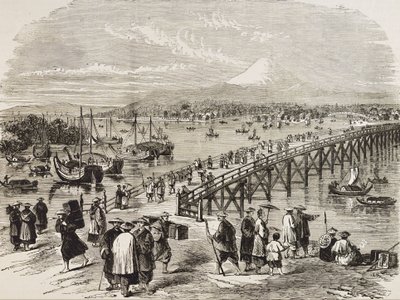 JAPAN (C19th). Byen Edo, krydset af Toniak-floden. Gravering. Privat samling af Artist Unknown