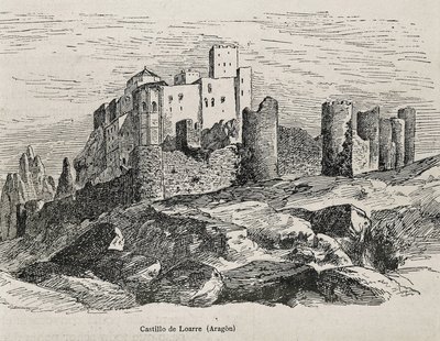 Loarre. Romansk slot. Gravering. SPANIEN. ARAGON. Zaragoza. Generelt militærakademi af Artist Unknown