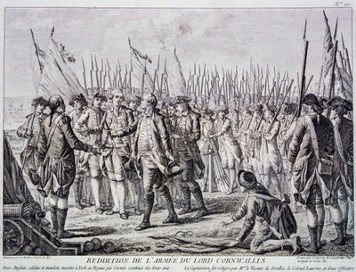 Lord Corwallis overgivelse af den britiske hær ved Yorktown (gravering) af Artist Unknown