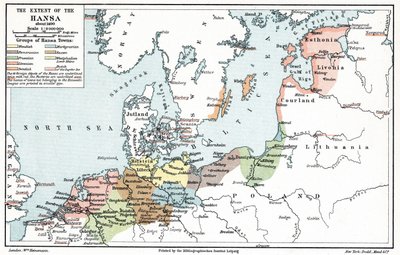 Kort over Hanseforbundets udstrækning omkring år 1400 (tryk) af Artist Unknown