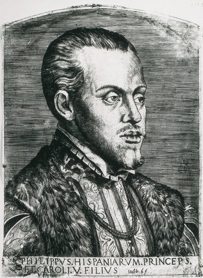 PHILIP II af Spanien (1527-1598). Konge af Spanien (1556-1598) og Portugal (1580-1598). Portræt af Philip stadig som prins. Xylografi. af Artist Unknown
