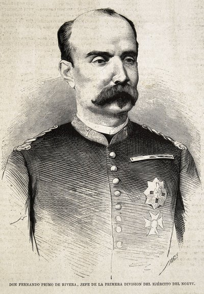 PRIMO DE RIVERA, Fernando (1831-1921). Spansk militærmand og politiker. Fernando Primo de Rivera, som kæmpede i den tredje billistkrig. Gravering. af Artist Unknown