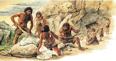 Forhistorisk palæolitisk periode: Jægere bruger huden fra dræbte dyr og laver redskaber og våben (spyd). af Artist Unknown