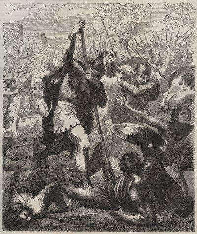 Repræsentation af Pelage, den sejrende konge af Asturien, der triumferer over saracenerne, 719, Covadonga, Spanien" af Artist Unknown