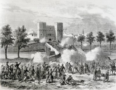 Spanien (1868). Den glorværdige revolution. Regeringstroppernes angreb på Serrans-porten i Valencia. Gravering fra "The Illustration. Jorinal Universal". Ætsning af Artist Unknown