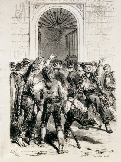 Spanien (1873). Proklamation af den første republik og stormning af Barcelonas rådhus (11. februar 1873). Ætsning. af Artist Unknown