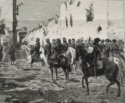 Spanien. Den første republik (1873-1874). Kantonen Cartagena. Generalen Jose Lopez Dominguez i Cartagena efter kantonalisternes kapitulation. Billedet er udgivet i "La Ilustracion Espanola y Americana". Ætsning. af Artist Unknown