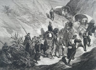Spanien. Den tredje carlistkrig. Carlist-fanger går over bjergene i Emporda (Catalonien). Gravering. af Artist Unknown