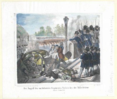 Angrebet fra det k. k. Infanteriregiment Nassau ved Taborbruecke (Taborbroen) den 6. oktober 1848 af Artist Unknown