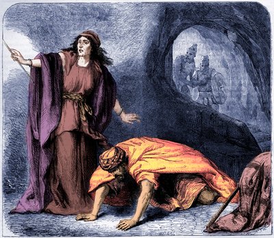 Opdragelsen af Samuel af heksen fra Endor -Bibelen (print) af Artist Unknown