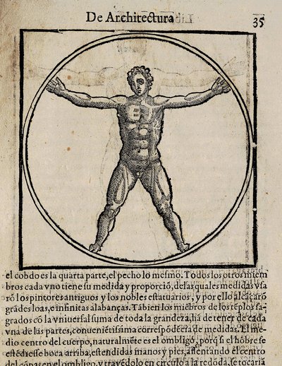 VITRUVIUS, Marcus Vitrubius Pollio (1. århundrede f.Kr.). "De Architectura" (Om arkitektur), med oversættelse til spansk af Miguel de Urrea. Redigeret i Alcala de Henares af Juan Gracian (1582). Illustration af side 35 med menneskekroppens kanon. Xylografi af Artist Unknown