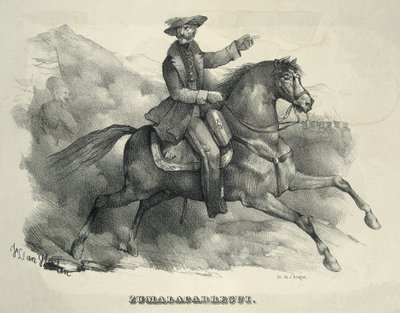 ZUMALACARREGUI, Tomas (1788-1835). Carlist-general. Spanien. Første carlist-krig. Zumalacarregui rider på en hest. Gravering. af Artist Unknown