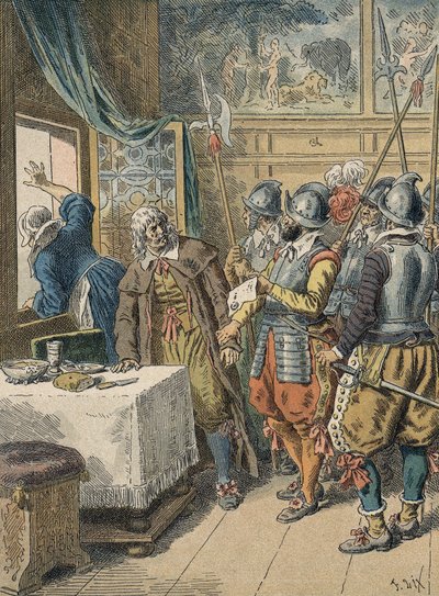 arrestationen af Pierre Broussel (1575 - 1654) i 1648 efter ordre fra Anne af Østrig, hvilket udløste folkets lettelse (barrikadernes dage) og Fronde. af Artist Unknown