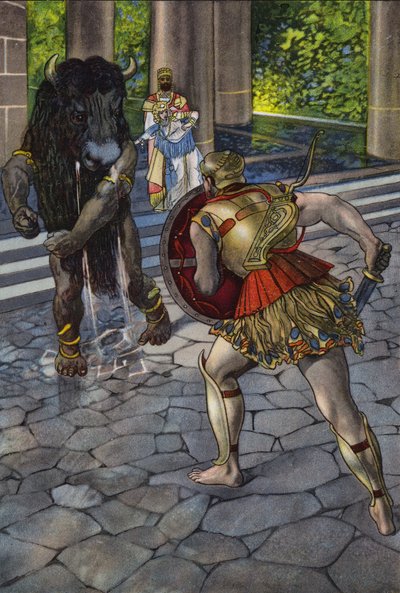 Herakles konfronterer Minotaurus (farve litho) af Artus Scheiner