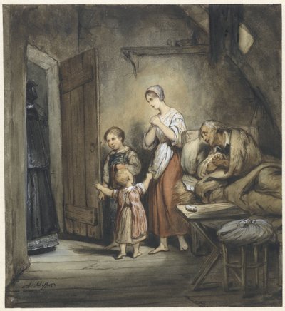 Syg mand i sengen med kone og to børn ved siden af af Ary Scheffer
