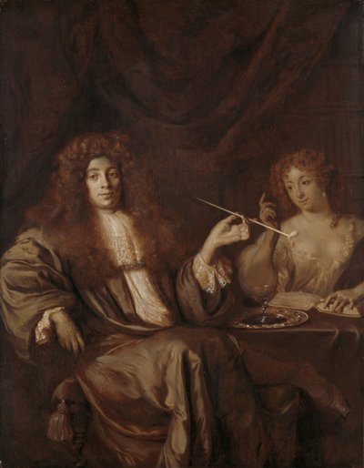 Portræt af Hadriaan Beverland med en prostitueret Adriaan van Beverland, forfatter af teologiske værker og satiriker, med en prostitueret af Ary de Vois (attributed to)