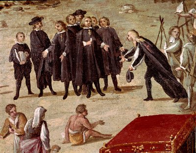 Sted for domstolen i Vicaria i Napoli på tidspunktet for Masaniellos revolution. Kriminelle er dommere før indgangen - Detalje, der repræsenterer en advokat, der fremlægger et andragende til en dommer - Maleri af Ascanio Luciani (ca. 1621-1706) Napoli, Mus af Ascanio Luciani