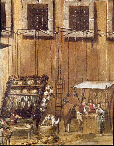 Sted for domstolen i Vicaria i Napoli på tidspunktet for Masaniellos revolution. Kriminelle er dommere før indgangen - Detalje, der repræsenterer sælgere af brød og fisk - Maleri af Ascanio Luciani (ca. 1621-1706) Napoli, Museo Nazionale di San Ma af Ascanio Luciani