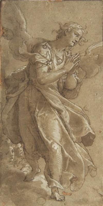 En stående engel og to keruber, ca. 1566. af Ascribed to Federico Zuccaro.