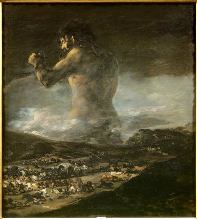 Colossus Silhouette af en kæmpe, der går gennem sletterne i et meget mørkt landskab og sår frygt, død, elendighed og flugt for det spanske folk. Det er et symbol på Spaniens uafhængighedskrig mod Napoleon I Bonaparte. Maleri længe tilskrevet Fra af Asensio Julia