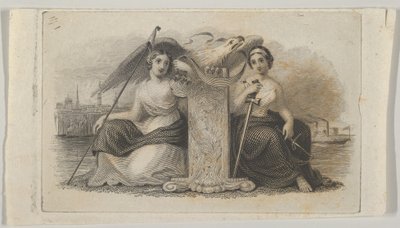 Seddelvignet med kvindefigurer, der repræsenterer Frihed og Retfærdighed, ca. 1824-37. af Asher Brown Durand.