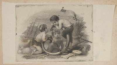 Seddelvignet med tre putti som hyrde, landmand og sømand, ca. 1824-37. af Asher Brown Durand.