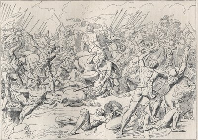 Peloponnes-krigen: Slaget ved Potidee (La battaglia di Potidea), hvor den græske filosof Sokrates reddede hans liv i Alcibiade. (Engraving d