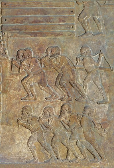 Detalje af et relief, der viser oplagringen af træ på kysten før transport til søs, fra Palace of Sargon II, Khorsabad, Irak af Assyrian