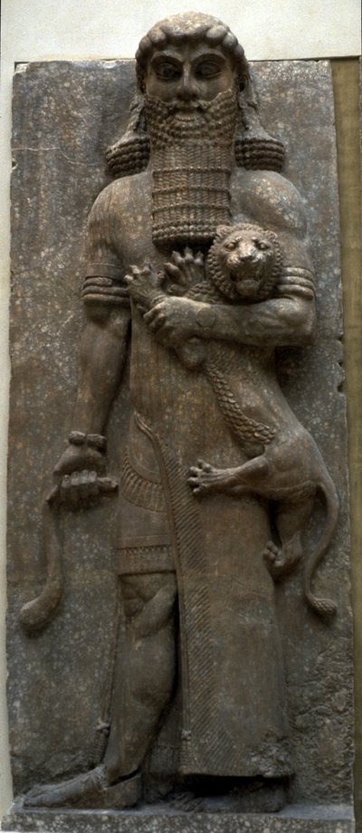 Helten Gilgamesh mestrer en løve, 722-705 f.Kr af Assyrian