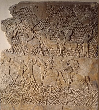 Orientalsk kunst fra antikken: kampscene. Lavrelief af Assurbanipal Palace, Assyrien (7. århundrede f.Kr.). Paris, Musée du Louvre af Assyrian