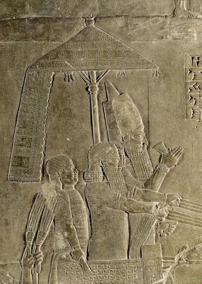 Relief af kong Assurbanipals vogn (669-626 f.Kr.), detalje af baldakinen, fra Assurbanipals palads i Nineveh (sten) af Assyrian