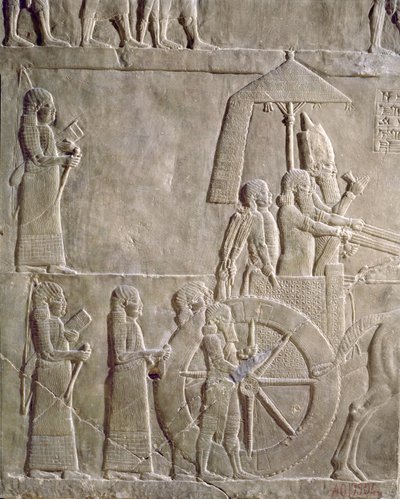 Relief af vognen af kong Assurbanipal og Elamitiske fanger, episoder af Elam kampagnen, fra Palace of Assurbanipal i Nineve, ca. 645 f.Kr. (sigøjneralabast) af Assyrian