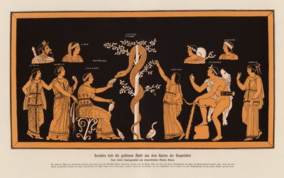 Herakles stjæler de gyldne æbler fra Hesperidernes Have (farvelitografi) af Asteas Asteas