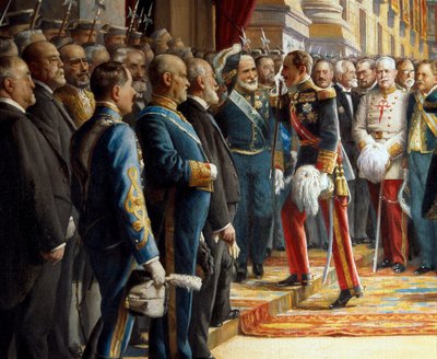 Åbningen af Cortes i Senatet, detalje Alfonso XIII af Spanien (1886-1941) hilser Antonio Maura y Montaner (1853-1925), da han træder ind i Senatet, 24. juni 1920 af Asterio Mañanós Martínez