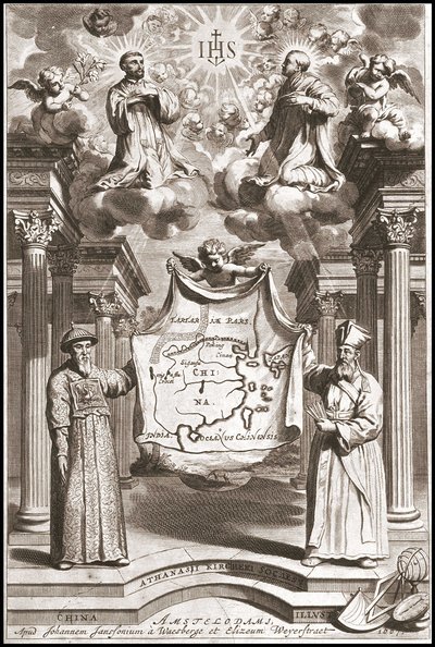 Adam Schall (til venstre) og Matteo Ricci (til højre) i kinesisk mandarin-kostume, frontispice af "Kina" af Athanase Kircher (eller Athanasius Kircheri) af Athanasius Kircher