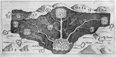 Tværsnit af jordskorpen gør det muligt for Athanasius Kircher at demonstrere oprindelsen af de termiske kilder af Athanasius Kircher