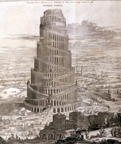 Babelstårnet. Rekonstruktion af Athanasius Kirke i hans værk "Turris Babel" om denne tårnbygning og historien om den tidlige menneskehed. af Athanasius Kircher