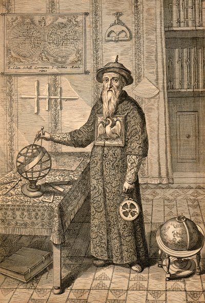 Jesuit Johann Adam Schall von Bell (1591-1666), forgænger for Ferdinand Verbiest, astronom ved hoffet til Ming-dynastiet i Nanjing, iført mandarinkostume, fra Kina monumentis af Athanasius Kircher