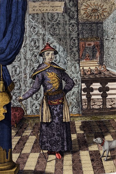 Den kinesiske kejser og tatarernes øverste hersker - kinesisk kejser Kangxi (1652-1722) Qing-dynastiet, gravering af Athanasius Kircher (1601-1680) fra "" China Monumentis, qua sacris qua profanis""" 1667 - kinesisk kejser52xi (1601-1680) -1722) Qing-dynas af Athanasius Kircher